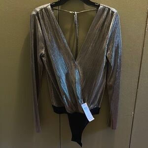 Metallic Silver V-Neck Bodysuit